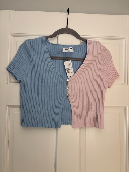 Double Zero Tops - Double Zero Baby Blue & Blush Pink Ribbed Button Cardigan